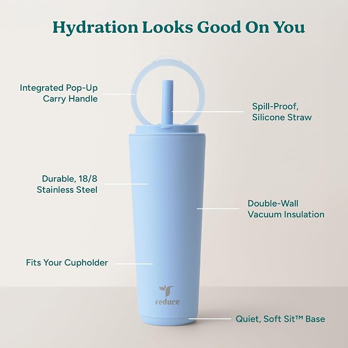 REDUCE Halo 24 oz Stainless Steel Vacuum Insulated Tumbler - Spill Proof Travel Mug with Flip Handle Lid - Keeps Drinks Cold for 32 Hrs - Dishwasher Safe - Cupholder Friendly - Glacier - Image 4