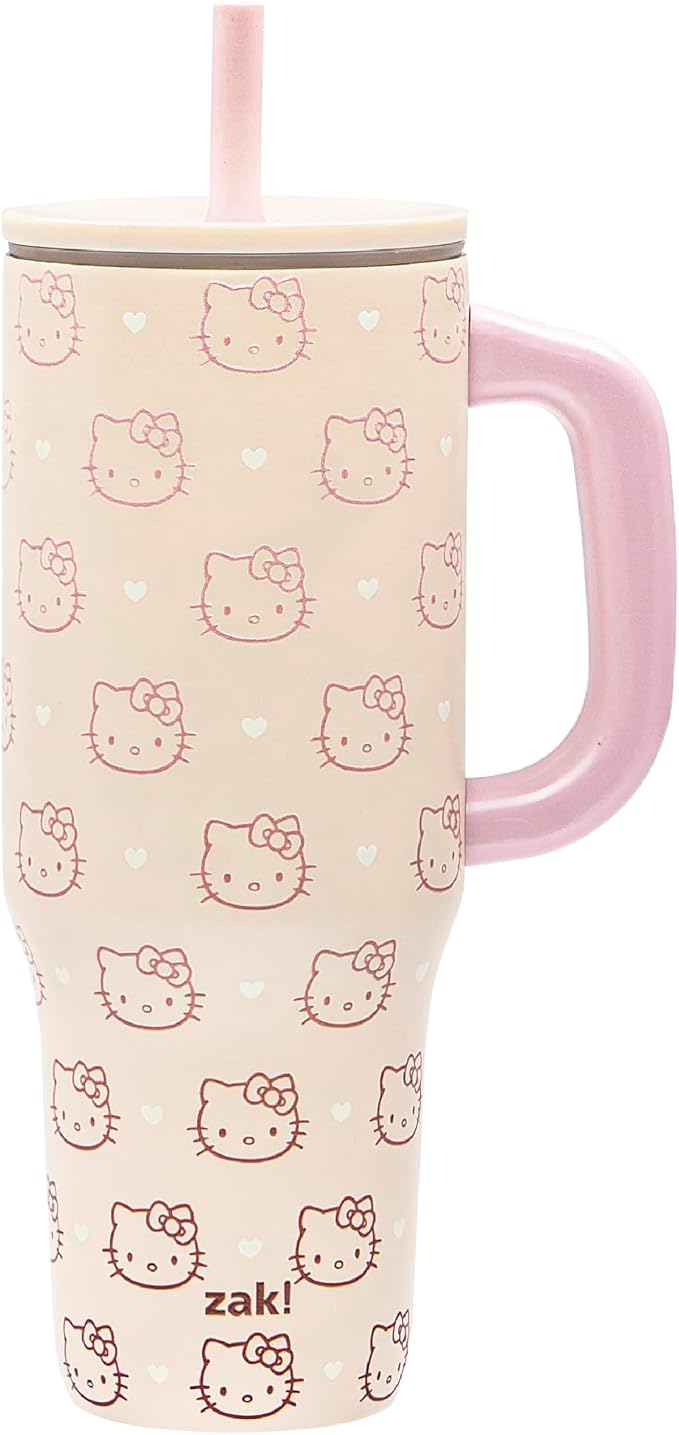 Zak Designs Sanrio Sutton Travel Tumbler for On the Go or At Home, 40oz Stainless Steel with Vacuum Insulation, Silicone Straw, and Carry Handle for Cold Drinks (Hello Kitty) by ZakDesigns
