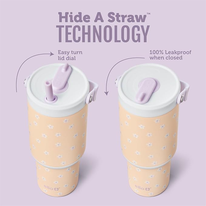 Ello Oasis Go+ 26oz Tumbler with Top Handle and Retracting Straw | Reusable Insulated Stainless Steel Cup, 100% Leakproof Water Bottle, 24 Hours Cold, Cup Holder Friendly For Travel | Daisies - Image 2