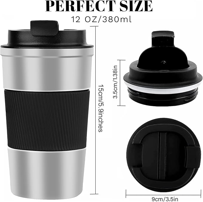 YINBAOGE Insulated Travel Coffee Mug, Spill & Leak Proof, Portable To Go Camping Stainless Steel Coffee Tumbler, Reusable Thermal Coffee Cup with Lid for Hot & Cold Drinks(Silver black, 12 OZ) - Image 3