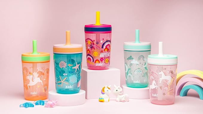 Zak Designs Kelso Toddler Cups For Travel or At Home, 15oz 2-Pack Durable Plastic Sippy Cups With Leak-Proof Design is Perfect For Kids (Fanciful Unicorn, Happy Skies) - Image 9