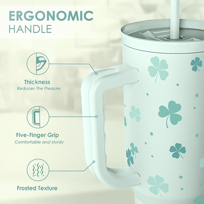 40oz Shamrock Tumbler with Handle and Straw - Insulated Stainless Steel Coffee Travel Mug, Christmas St. Patrick's Day Irish Gifts - Image 3