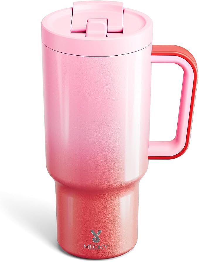 Meoky 32 oz Tumbler with Handle and Flip Straw, 100% Leakproof Tumbler with Lid and Straw, Stainless Steel Insulated Cup, Cupholder Friendly, Keeps Cold for 24 Hours (Flamingo) by MEOKY