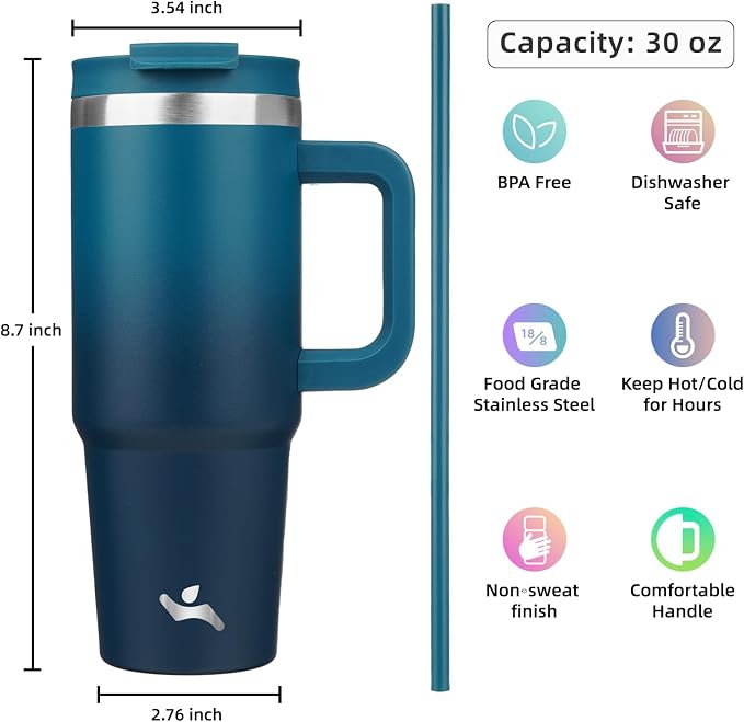 Konokyo 30 oz Tumbler with Handle and 2 Straws,2 in 1 Lid Insulated Water Bottle Stainless Steel Travel Coffee Mug,Indigo Black - Image 4