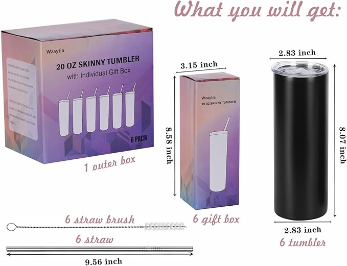 6 Pack 20 Oz Straight Skinny Tumblers,Individually Gift Boxed Stainless Steel Slim Skinny Tumbler Set Bulk, 20 Oz Insulated Slim Thin Travel Tumbler Cup for Diy, Black - Image 2