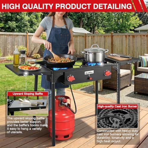 Bestfire 2 burner Camping Stove with Auto Ignition Button,Side Shelves & Regulator150,000 BTU High Pressure Gas Stove Propane Burner With Removable Legs for Outdoor BBQ&Backyard Cooking Camping Home - Image 5