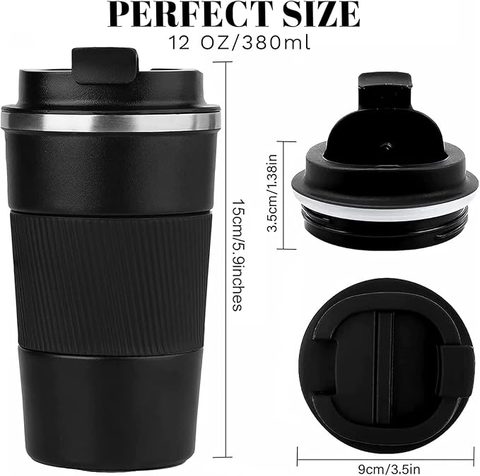 YINBAOGE Insulated Travel Coffee Mug, Spill & Leak Proof, Portable To Go Camping Stainless Steel Coffee Tumbler, Reusable Thermal Coffee Cup with Lid for Hot & Cold Drinks (Black, 12 OZ) - Image 3