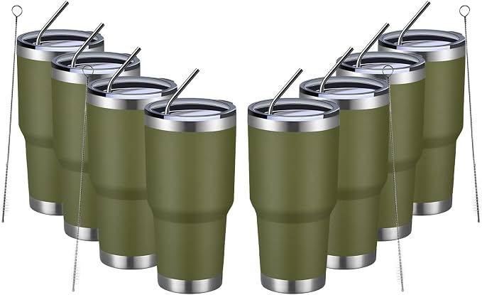 MEWAY 30oz Insulated Tumbler With Lids and Straws,Stainless Steel Double Vacuum Coffee Tumbler Cup, Brush, Durable Powder Coated Coffee Cup for Cold & Hot Drinks, Office, Travel(Army Green,8 PACK) by MEWAY