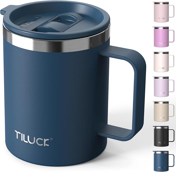 TILUCK 12 oz Insulated Coffee Mug with Lid, Double Wall Vacuum Insulated Travel Mug Cup with Handle for Hot or Cold Drinks（12oz，Matte DarkBlue） by TILUCKBringsGoodLuck
