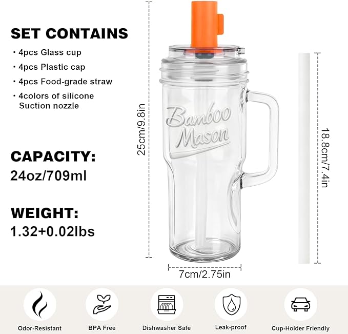 ANOTION Bamboo Mason Leakproof Mason Jar Cups with Lids and Straws, Cap Cup 24oz Glass Tumbler with Handle, Rotating Lid Silicone Straw, Reusable Iced Coffee Matcha Cup Coffee Gifts for Women 2pc - Image 7
