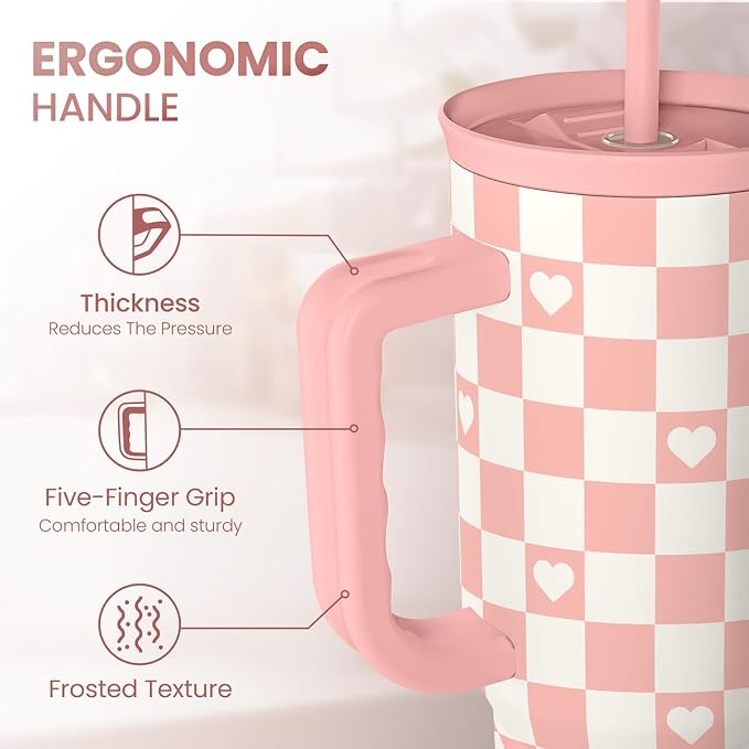 40oz Checkered and Heart Tumbler with Handle and Straw - Insulated Stainless Steel Travel Coffee Mug for Women Girls, Gift for Birthday, Christmas - Image 3