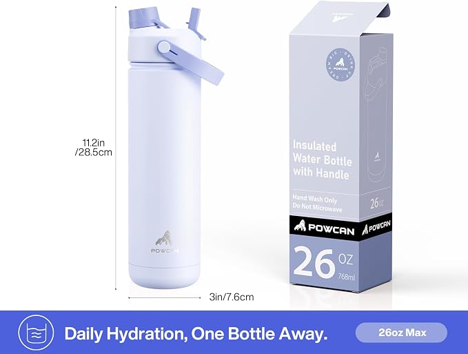 POWCAN 26 oz Insulated Water Bottle with 2-in-1 Straw and Spout Lid, Keep Cold 24H, Leak-Proof, Fits in Car Cup Holder, Stainless Steel Water Bottle for Sports, Travel, and School (Lupine) - Image 6