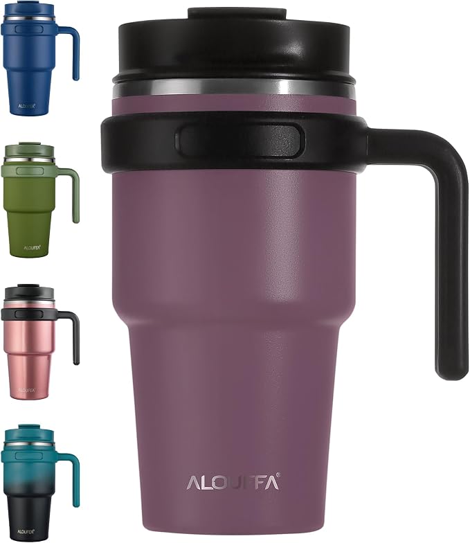 ALOUFEA 20 oz Insulated Coffee Mug Tumbler with Handle, Stainless Steel Travel Mug Tumbler with Lid and Straw, Double Wall Vacuum Leak Proof Ice Coffee Thermal Cup, Plum by ALOUFEA