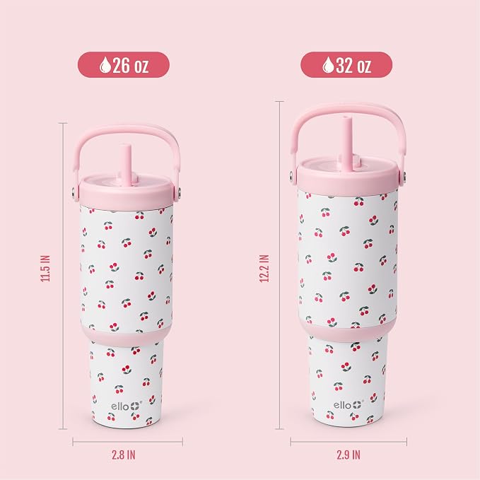 Ello Oasis Go+ 26oz Tumbler with Top Handle and Retracting Straw | Reusable Insulated Stainless Steel Cup, 100% Leakproof Water Bottle, 24 Hours Cold, Cup Holder Friendly For Travel | Cherries Jubilee - Image 6