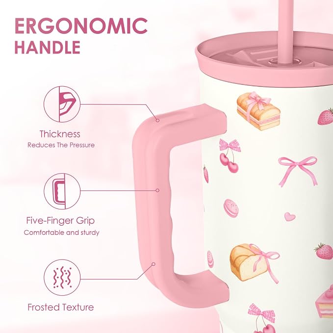 SANDJEST Dessert 40oz Tumbler with Handle and Straw, Insulated Stainless Steel Travel Coffee Mug for Women Girls, Gift Idea for Birthday Christmas Mothers Day - Image 3