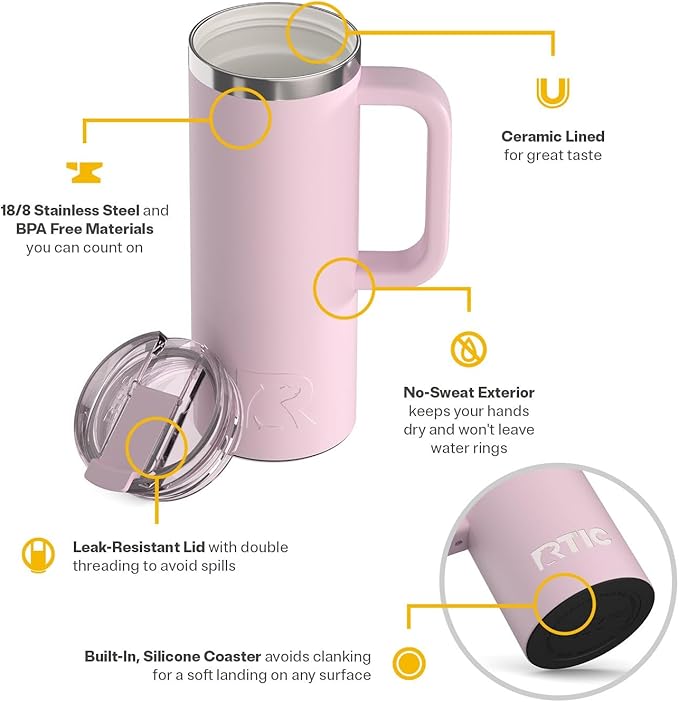 RTIC 20oz Road Trip Travel Mug with Lid and Handle, Ceramic Lined, Insulated, Stainless Steel, Metal, Double Wall Vacuum-Insulation, Portable Coffee, Tea Cup for Hot and Cold Drink, Pale Pink - Image 3
