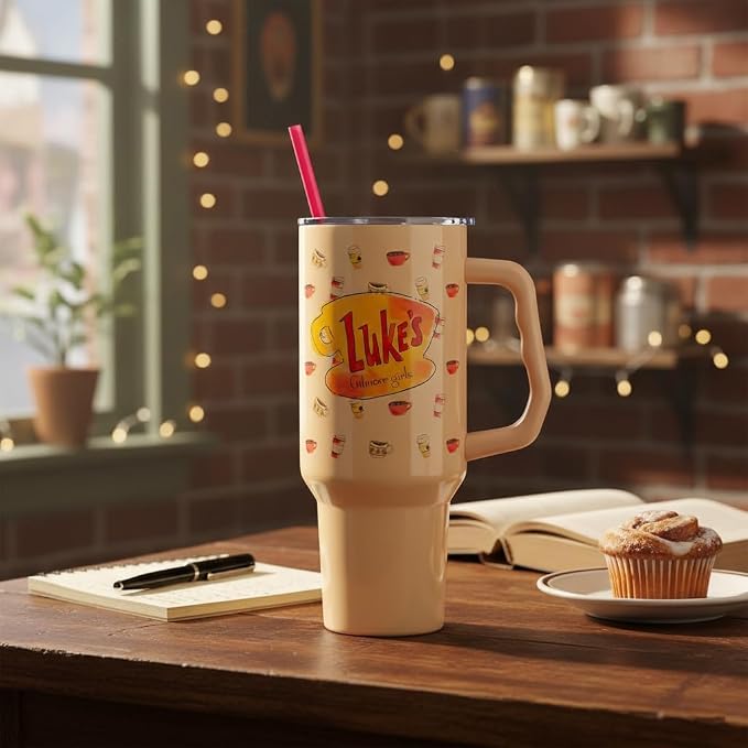 Silver Buffalo Gilmore Girls Luke's Diner Double Walled Stainless Steel Tumbler with Handle and Straw, Fits in Standard Cup Holder, 40 Ounces - Image 9