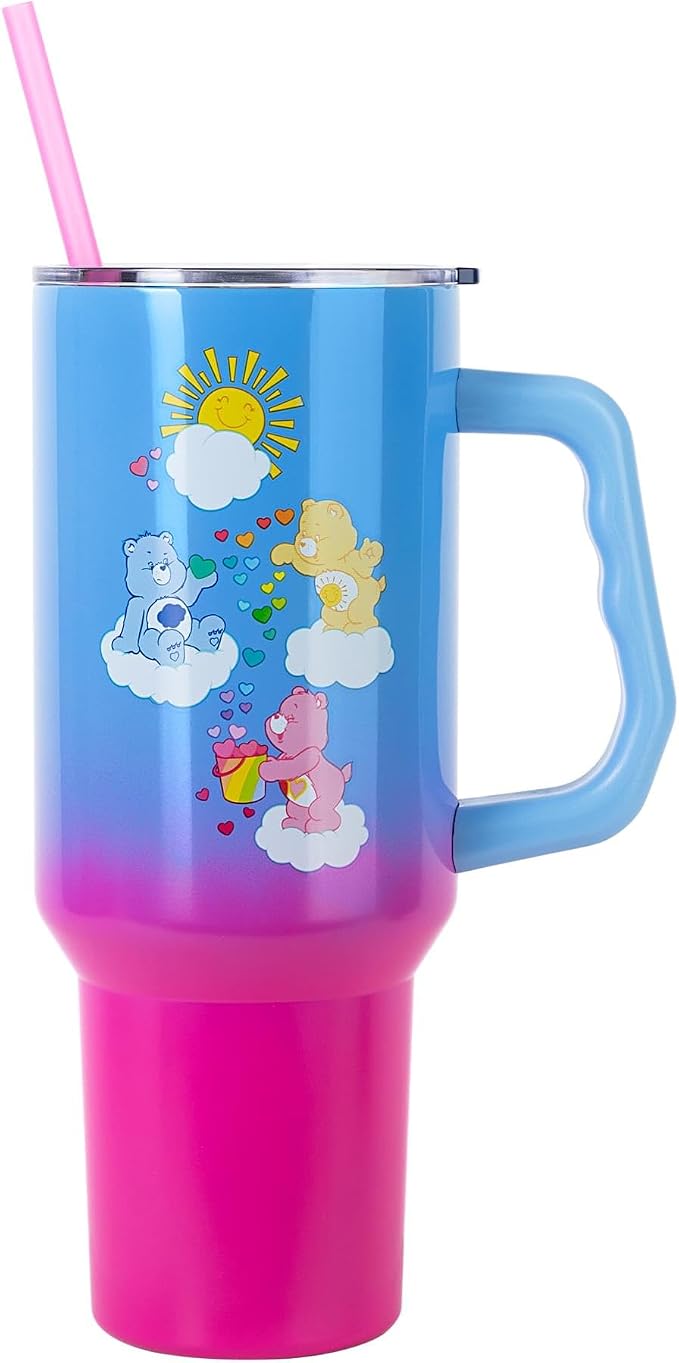 Silver Buffalo Care Bears Featuring Grumpy Bear, Funshine, and Love-A-Lot Bear Heart Showers Ombre Double Walled Stainless Steel Tumbler with Handle and Straw, Fits in Standard Cup Holder, 40 Ounces by SilverBuffalo