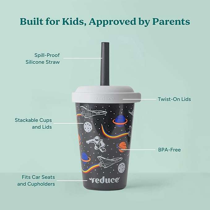REDUCE GoGo's Kids Portable Tumbler Cups with Lids and Spill-Proof Straws - 5 Pack of Stackable 12 oz Tumblers with Twist-On Lids - Easy Storage, Dishwasher Safe - New Explorer - Image 3