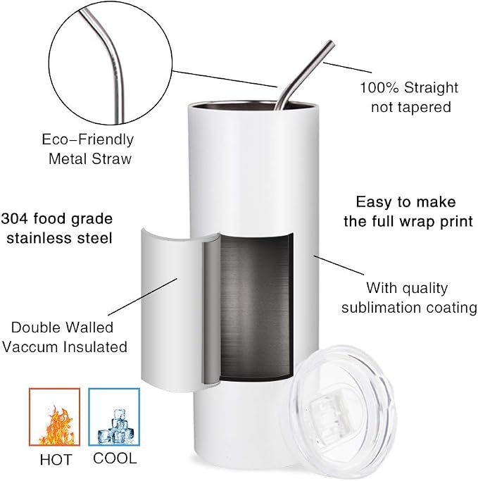 PYD Life Sublimation Blanks Skinny Tumbler White 20 OZ Straight Stainless Steel with Metal Straw for Mug Tumbler Heat Press Machine Sublimation Printing 4 Pack - Image 3