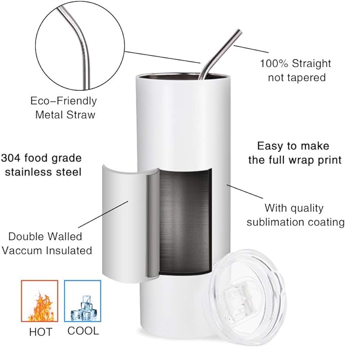 PYD Life 12 Pack Sublimation Tumblers Blanks Skinny White 20 OZ Straight Bulk Stainless Steel Cups with Metal Straw and Lid for Tumbler Heat Press Machine Sublimation Print - Image 2