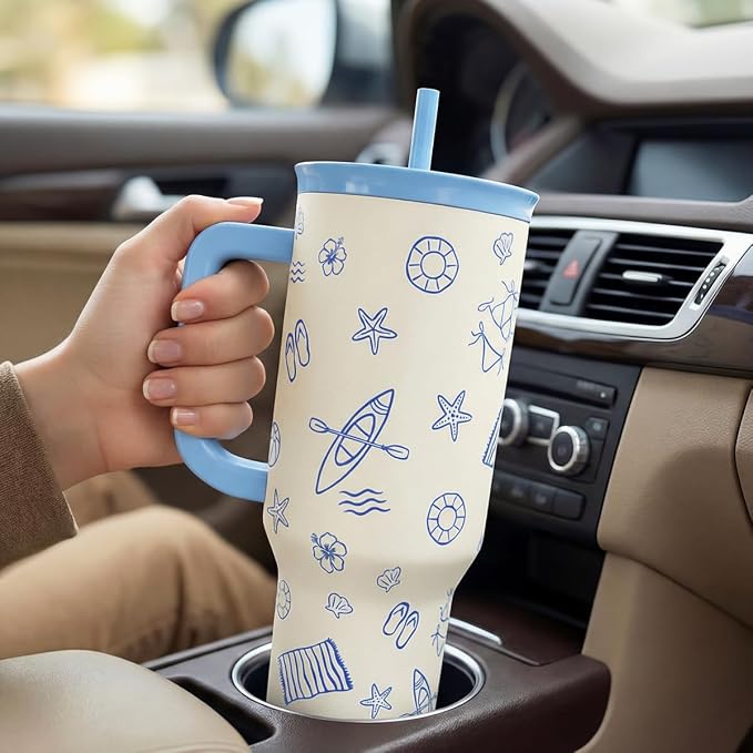 SANDJEST Beach 40oz Tumbler with Handle and Straw, Insulated Stainless Steel Travel Coffee Mug for Women Girls Beach Lovers, Gift Idea for Birthday Christmas Mothers Day Summer Vacation (Blue) - Image 6