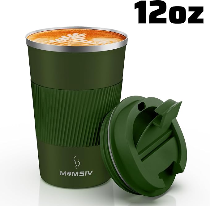 MOMSIV 12oz Travel Mug, Insulated Coffee Cup with Leakproof Lid, Vacuum Stainless Steel Double Walled Reusable Tumbler for Hot and Cold Water Coffee and Tea In Travel and Car Armygreen 380ML - Image 8
