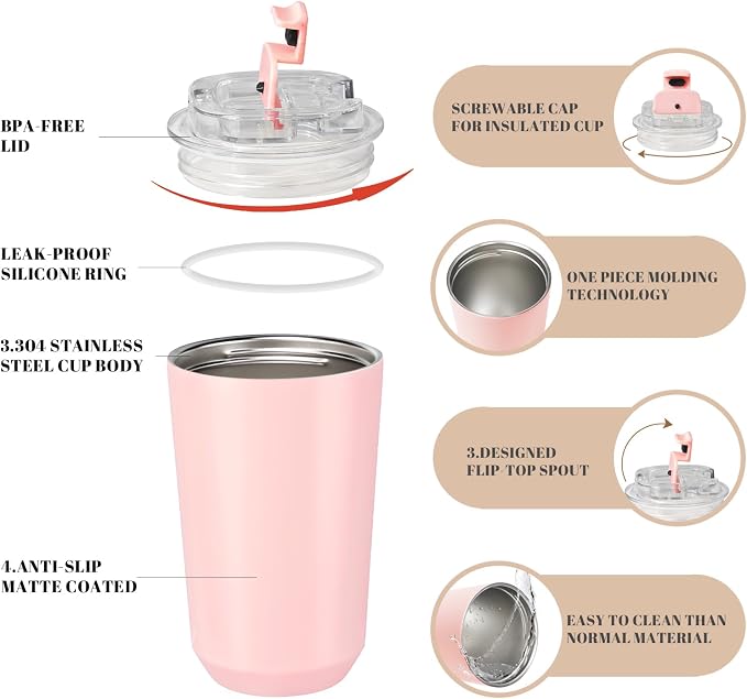 Puraville Insulated Tumblers with Lid, 14 oz Travel Coffee Mug Stainless Steel Vacuum Cup, Leak Proof Reusable Double Walled Coffee Tumbler for Iced and Hot Drinks, Pink - Image 4