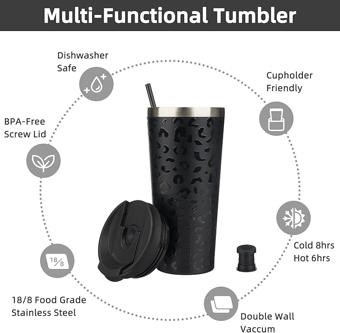 BJPKPK 22oz Insulated Tumbler With lid And Straw Stainless Steel Tumblers Travel Coffee Mug Reusable Thermal Cup,Black Leopard - Image 3