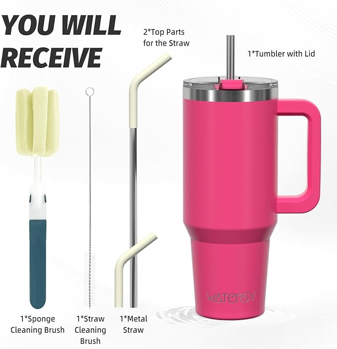 40 oz Tumbler with Handle,Tumbler with Lid and Straw,Double Wall Insulated Cup Stainless Steel Travel Mug(Cold for 34 Hours),Water Bottle for Iced Tea,Coffee,Cold Beverages(Gloss Pink) - Image 3