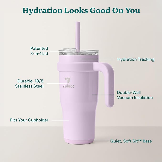 REDUCE 24 oz Stainless Steel Tumbler with Handle - Dual-Wall Vacuum Insulated Travel Mug, Sweat-Proof Lid & Reusable Straw - Keeps Drinks Cold for 24 Hrs, Fits Cupholders, Dishwasher Safe - Lilac Bud - Image 4
