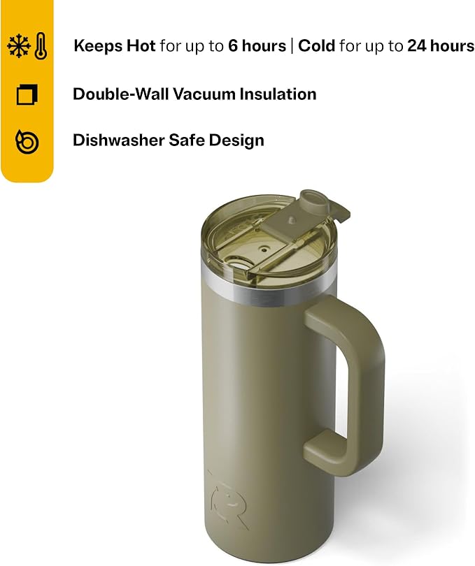 RTIC 20oz Road Trip Travel Mug with Lid and Handle, Ceramic Lined, Insulated, Stainless Steel, Metal, Double Wall Vacuum-Insulation, Portable Coffee, Tea Cup for Hot and Cold Drink, Olive - Image 3