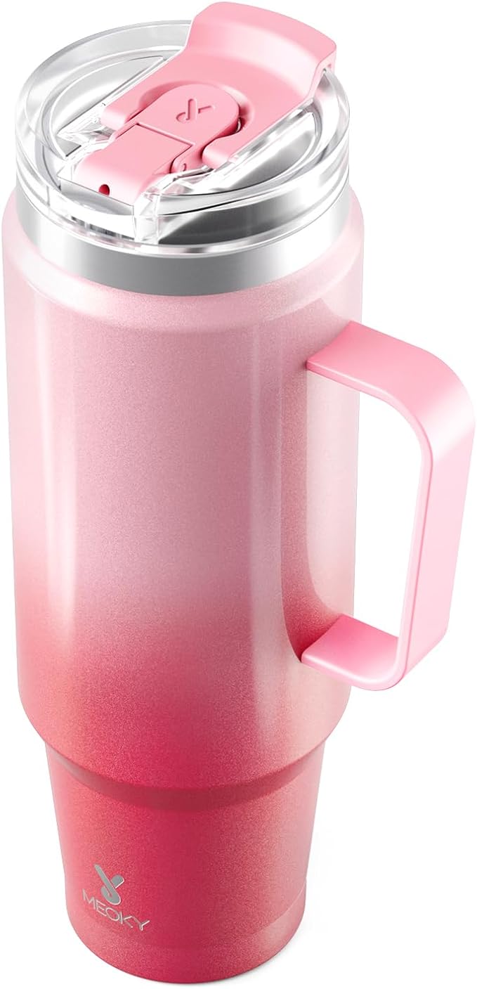 Meoky 40oz Tumbler with Handle, Stainless Steel Travel Mug with 2-in-1 Straw and Sip Lid, Vacuum Insulated Coffee Mug, 100% Leak Proof, Keeps Cold for 34 Hours or Hot for 10 Hours (Flamingo) by MEOKY