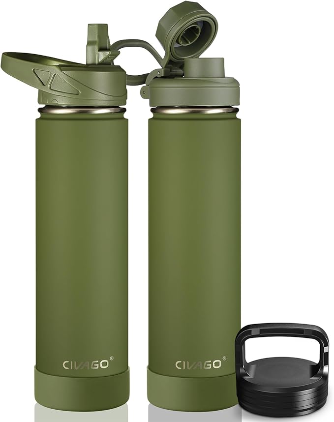 CIVAGO 24 oz Insulated Water Bottle With Straw, Stainless Steel Sports Water Flask Cup with 3 Lids (Straw, Spout and Handle Lid), Double Walled Travel Thermal Canteen Mug, Army Green by CIVAGO