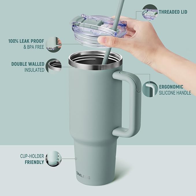 40 oz Tumbler with Handle and Straw Lid,Insulated Reusable Stainless Steel Water Bottle Travel Mug，Cupholder Friendly Double Wall Vacuum Sealed Cup (Shale) - Image 2