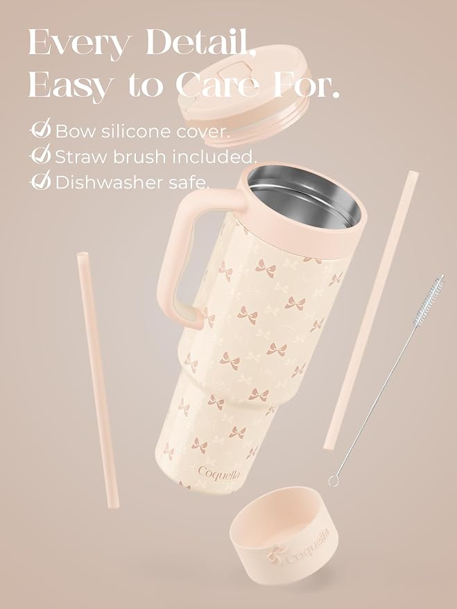 40 oz Insulated Tumbler with Handle and Push-Button Straw Lid, Stainless Steel Travel Cup for Gym Office, Leakproof, BPA-Free, Cup Holder Friendly, Bow Silicone Boot, Cream (Bow Cream) - Image 6