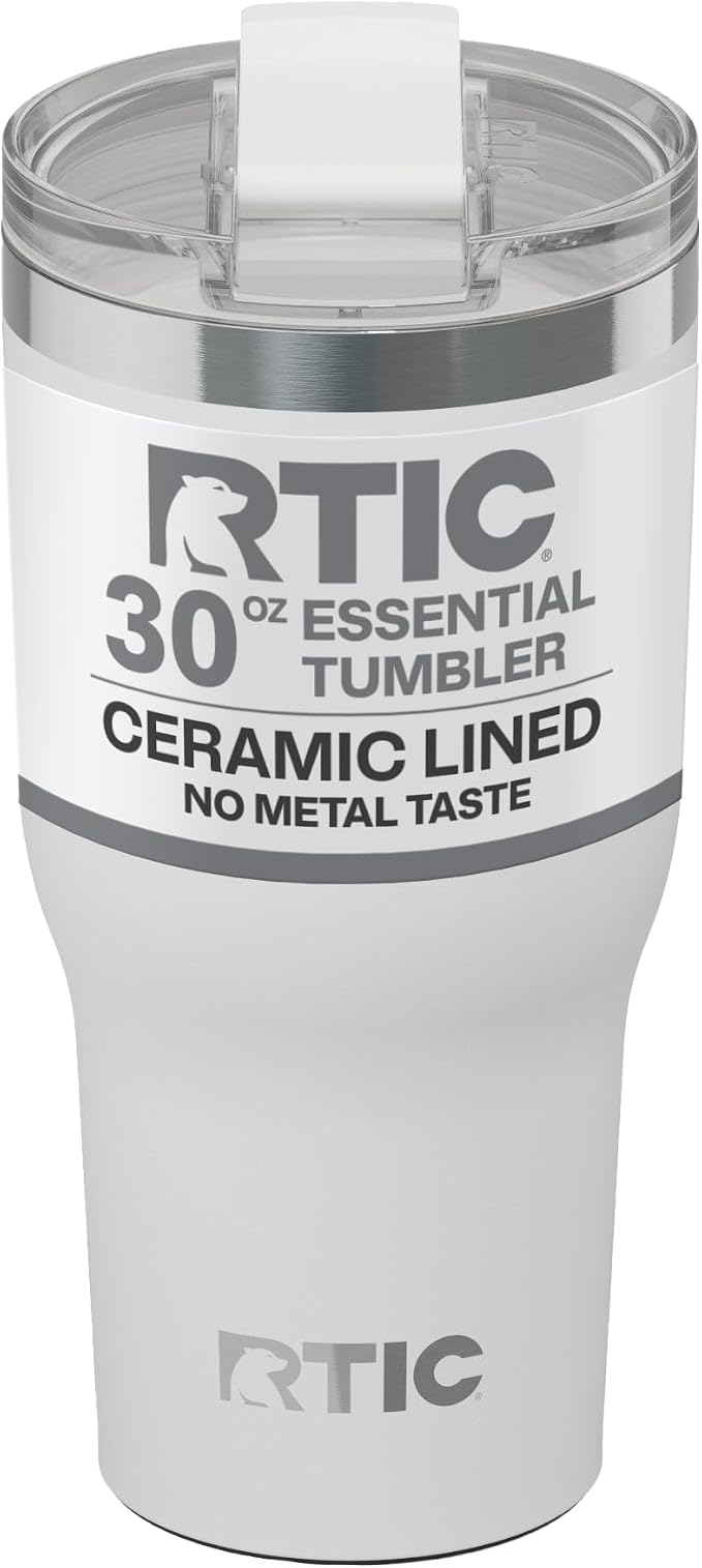RTIC 20oz Essential Tumbler with Lid, Ceramic Lined, Insulated, Stainless Steel, Metal, Double Wall Vacuum-Insulation, Travel Cup for Iced Coffee, Tea, Hot and Cold Drink, White by RTIC