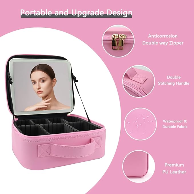 Makeup Bag with Led Mirror, Travel Makeup Organizer with 3 Color Setting - Image 4