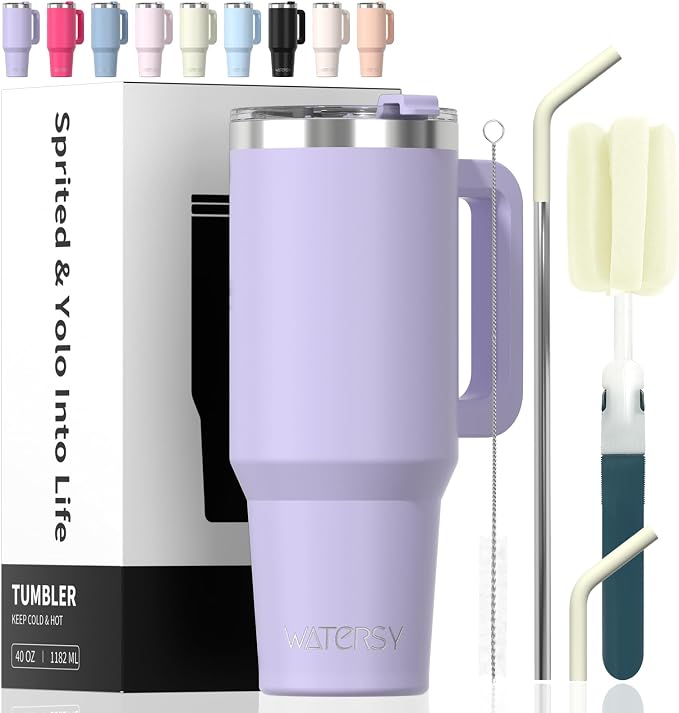 40 oz Tumbler with Handle,Tumbler with Lid and Straw,Double Wall Insulated Cup Stainless Steel Travel Mug(Cold for 34 Hours),Water Bottle for Iced Tea,Coffee,Cold Beverages(Purple) by Watersy
