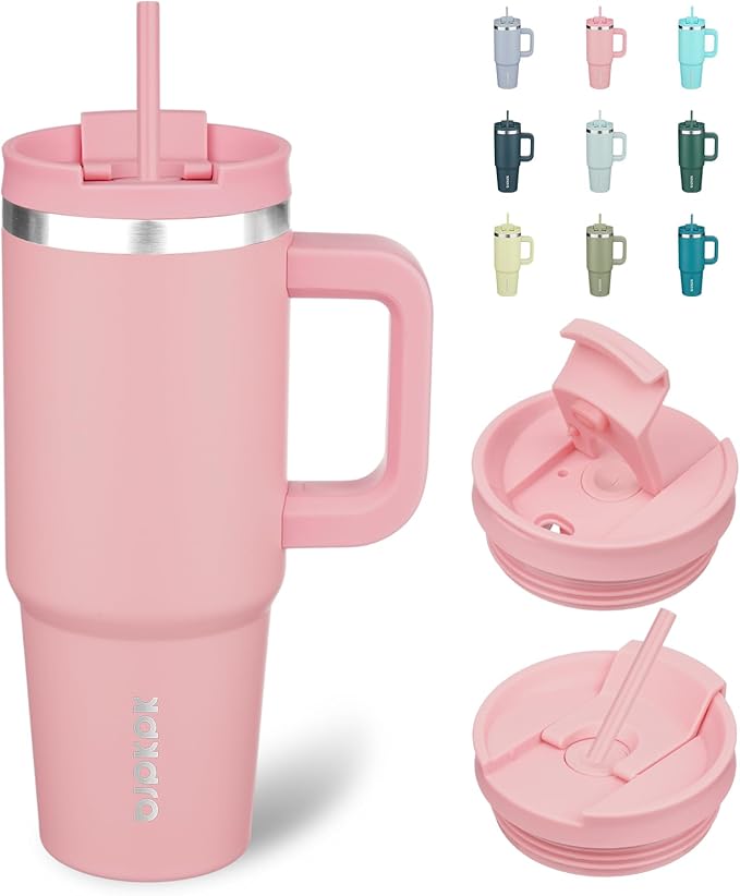BJPKPK 30oz Stainless Steel Insulated Tumbler With Handle And Lid Straw Travel Coffee Mug Thermal Cup,Light Pink by BJPKPK