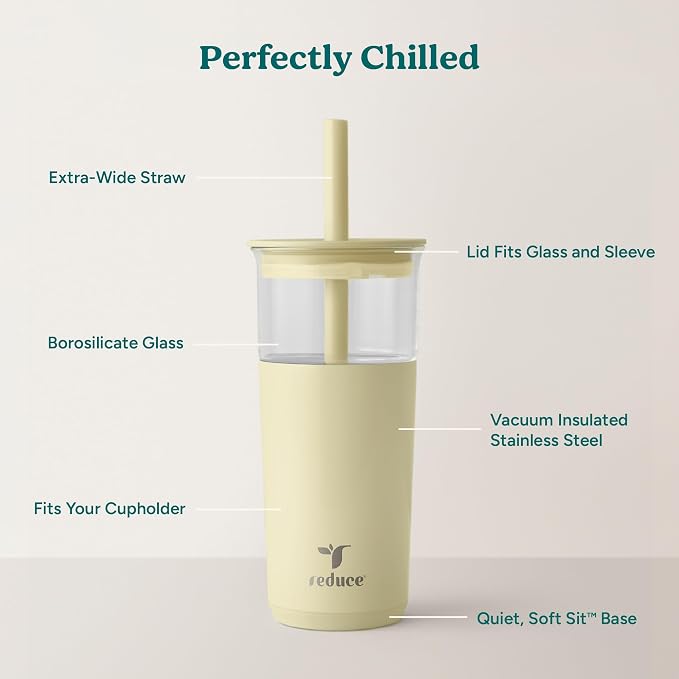 REDUCE Aspen 20 oz Vacuum Insulated Glass Tumbler with Lid & Extra Wide Straw - Keeps Drinks Cold for 12 Hrs - Ideal for Iced Coffee, Smoothies & Boba - Dishwasher Safe, Soft Base - French Vanilla - Image 3