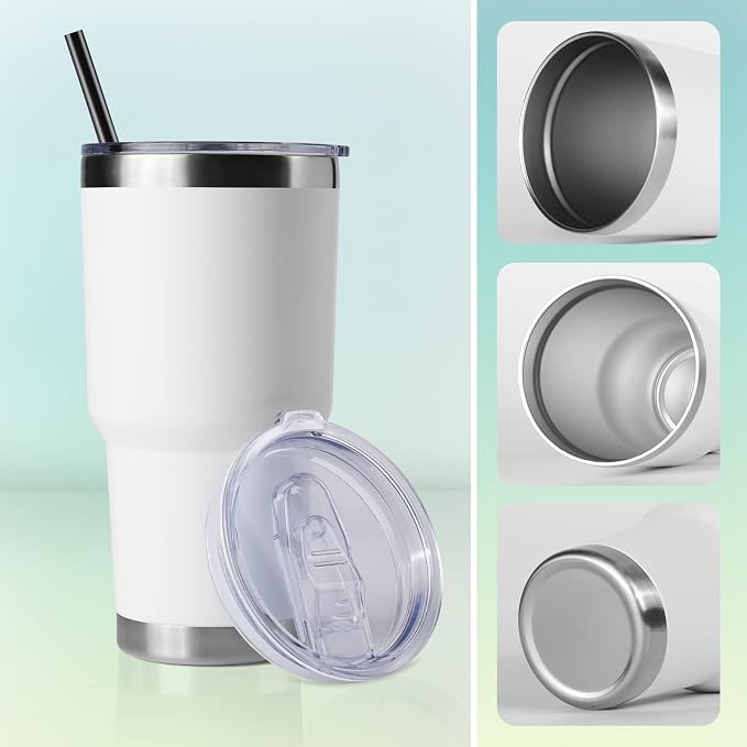 DOMICARE 30oz Tumbler Bulk with Lid and Straw, Double Wall Travel Coffee Mug, Insulated Vacuum Stainless Steel Tumblers, Powder Coated Tumbler Cup (White, 8) - Image 6