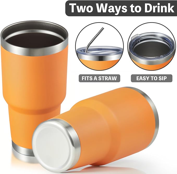 MEWAY 30oz Insulated Tumbler With Lids and Straws,Stainless Steel Double Vacuum Coffee Tumbler Cup, Brush, Durable Powder Coated Coffee Cup for Cold & Hot Drinks, Office, Travel(Orange,4 PACK) - Image 3
