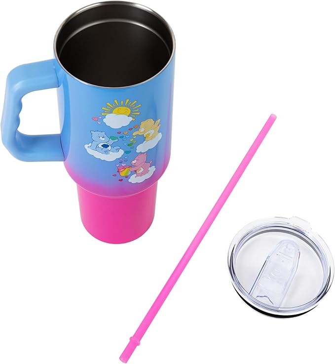 Silver Buffalo Care Bears Featuring Grumpy Bear, Funshine, and Love-A-Lot Bear Heart Showers Ombre Double Walled Stainless Steel Tumbler with Handle and Straw, Fits in Standard Cup Holder, 40 Ounces - Image 3