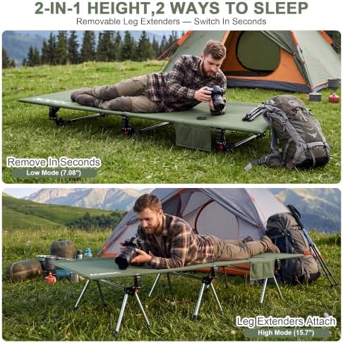 Height Adjustable Camping Cot, 350lbs Heavy-Duty Aluminum Frame, Green - Image 3