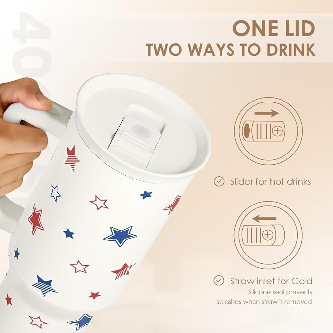 SANDJEST American Flag 40oz Tumbler with Handle and Straw, Insulated Stainless Steel Travel Coffee Mug for Women Girls, Gift Idea for Birthday Christmas 4th of July (Star) - Image 4