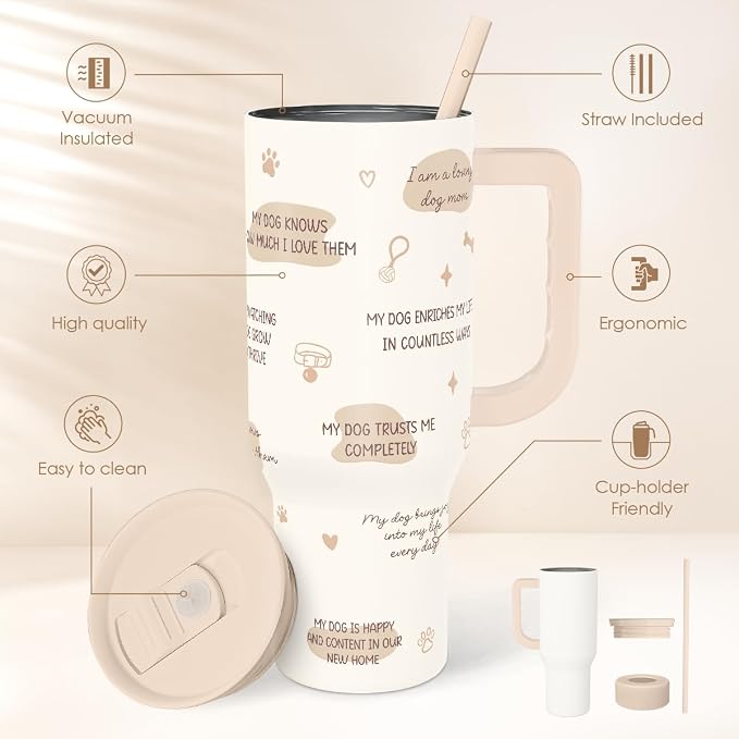 SANDJEST Dog Mom 40oz Tumbler With Handle and Straw, Dog Mom Affirmation Insulated Stainless Steel Travel Coffee Mug for Women Girls Pet Lovers, Gift Idea for Birthday Christmas Mothers Day - Image 2