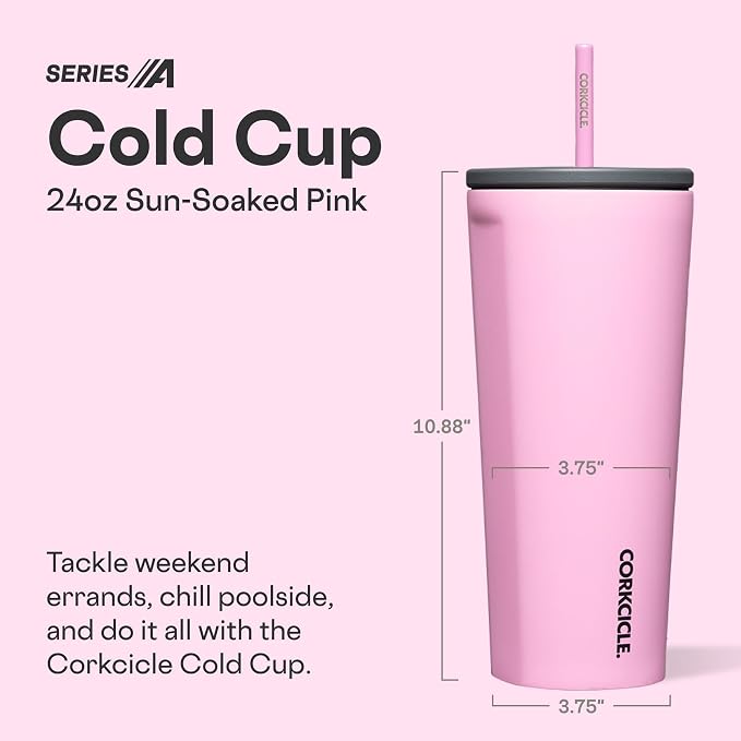 Corkcicle Cold Cup Insulated Tumbler with Straw - Keeps Drinks Cold for 12 Hours - Triple-Insulated Stainless Steel - Leak-Resistant Lid - Summer Drinkware Gift - 24 oz - Sun-Soaked Pink - Image 2