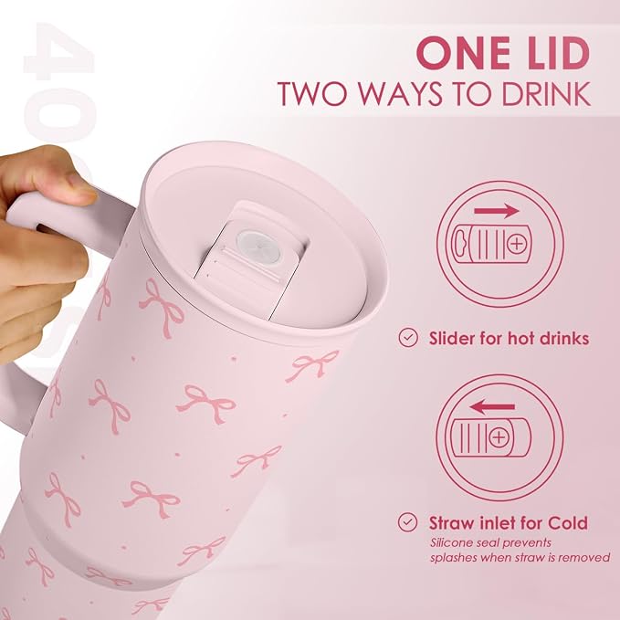 SANDJEST Gift for Women Girls - Coquette Bow Stainless Steel Tumbler with Handle, Travel Coffee Mug - Gifts for Birthday Christmas, 40oz - Image 5