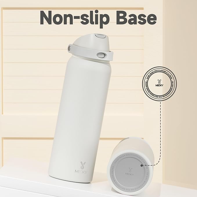 40 oz Insulated Water Bottle with Straw: Meoky Stainless Steel Metal Water Bottle with 2-in-1 Lid - Leak Proof, Cold for 24 Hours, Protective Silicone Base, BPA-Free for Sports Gym, Ivory - Image 8